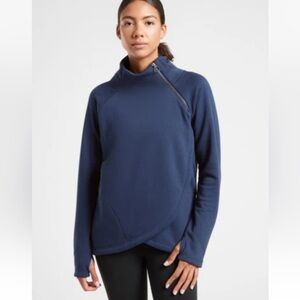 Athleta Cozy Karma Asym Pullover Sweatshirt Top Blue Navy Blue Quarter zip